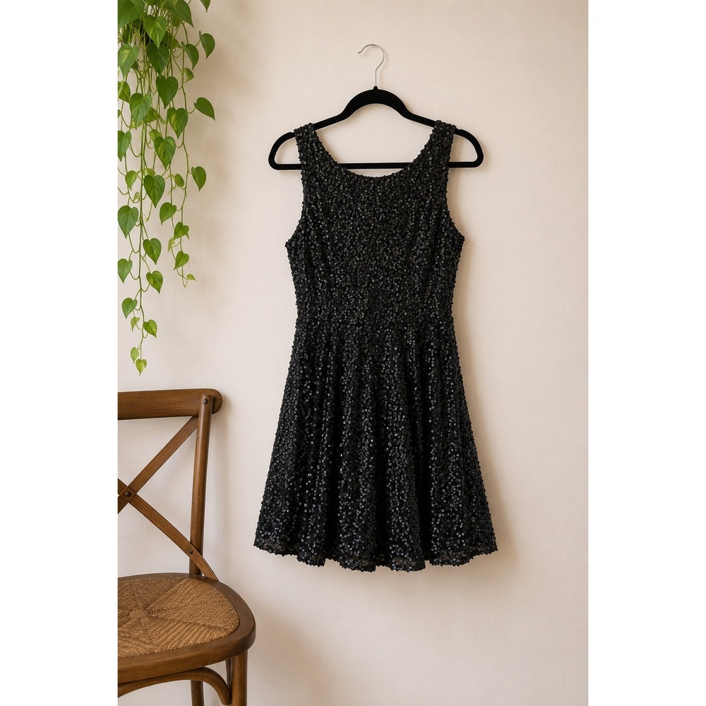G:21 Flat Black Sequin A-Line‎ Mini Dress Sz L Party Prom Hoco Witchy Whimsigoth
